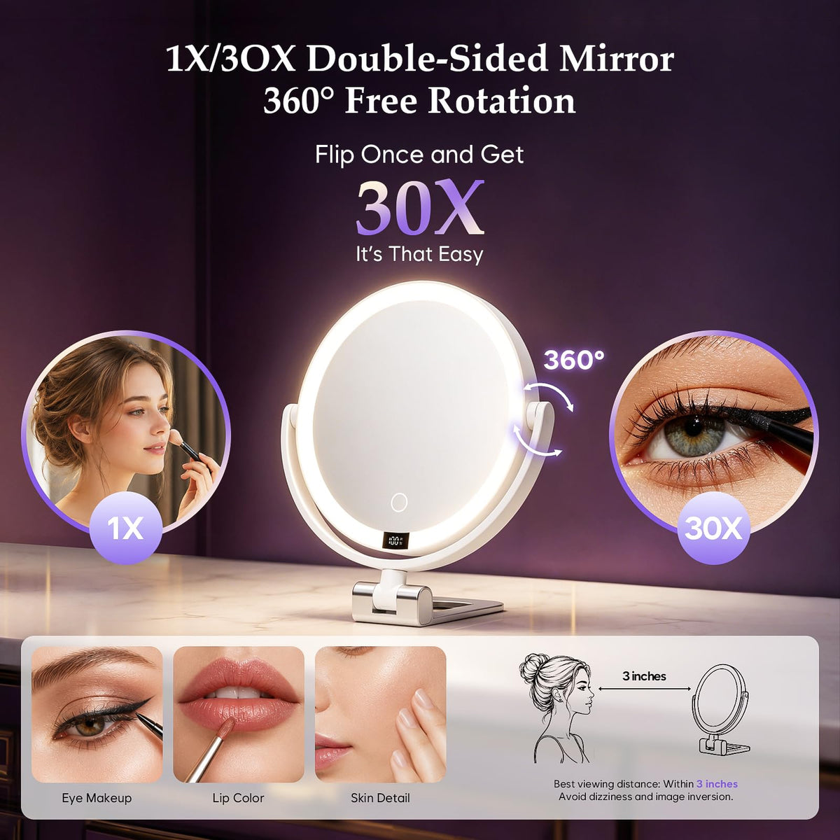 ELYYSORA 1X/30X Makeup Mirror with Lights, Rechargeable Magnifying Mirror