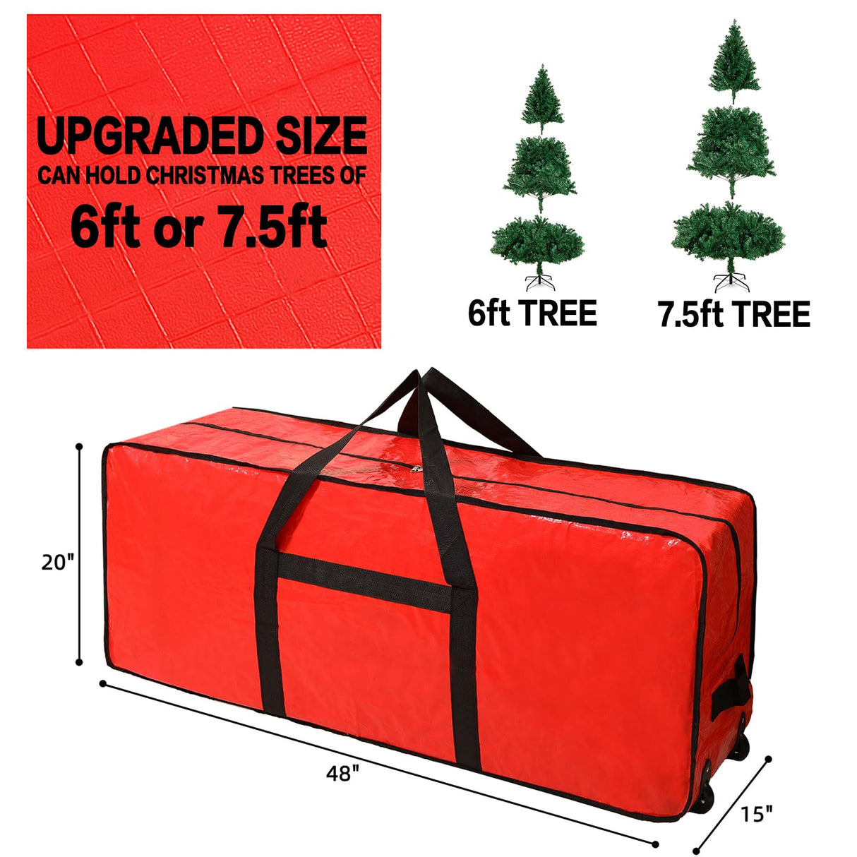 HOMEST Christmas Tree Storage Bag, Fits for 6/7.5 ft Xmas Artificials, Zippered Box with Reinforced Carrying Handles and Wheels, Red (Bag Only)