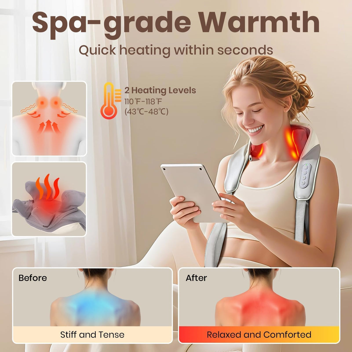 LCMWB Brushless Neck Massager with Heat, Cordless 6D Professional Neck Massager for Pain Relief Deep Tissue, Ergonomic Kneading Back Shoulder Massagers with 2 Modes/Speeds, Fathers Day Gift