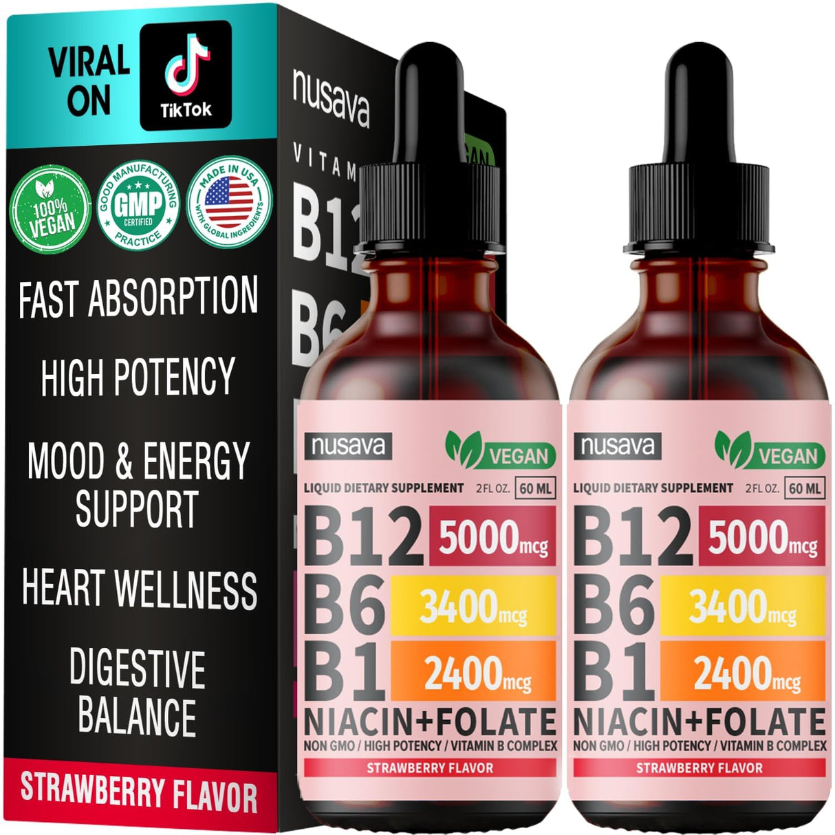 Vitamin B12 & B6 Liquid Drops – Sublingual B-Complex with 5000 mcg Methylcobalamin – Daily Nutritional Support (2 Pack)