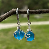 Sea Glass Earrings Sterling Silver - PEPELUALI Handmade Wire Wrap Drop Earrings Cornflower Blue Beach Jewelry Summer Gifts for Women