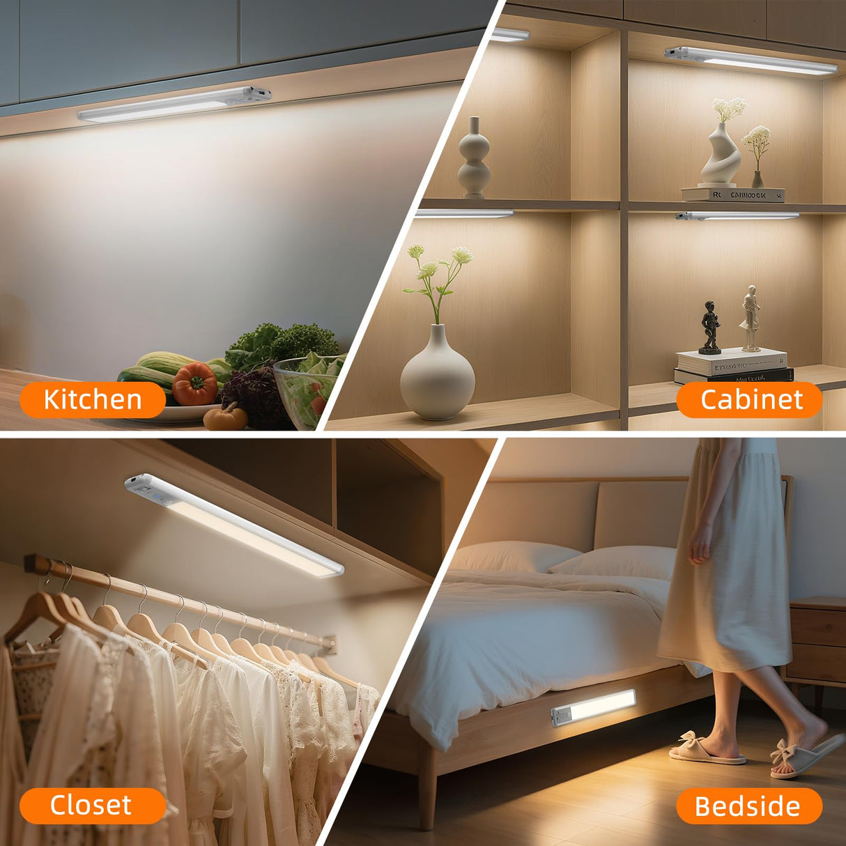 Under Cabinet Lighting Wireless, Rechargeable Motion Sensor Light Indoor, 3 Color Dimmable Closet Light Battery Operated with LED Power Display, Magnetic Under Counter Lights for Kitchen, Home (3Pack)