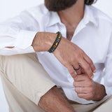 LOWNOUR Mens Bracelet Set Black Leather Bracelets for Men Tiger Eye Bracelet 8mm Lava Rock Beaded Bracelets Adjustable Stretch