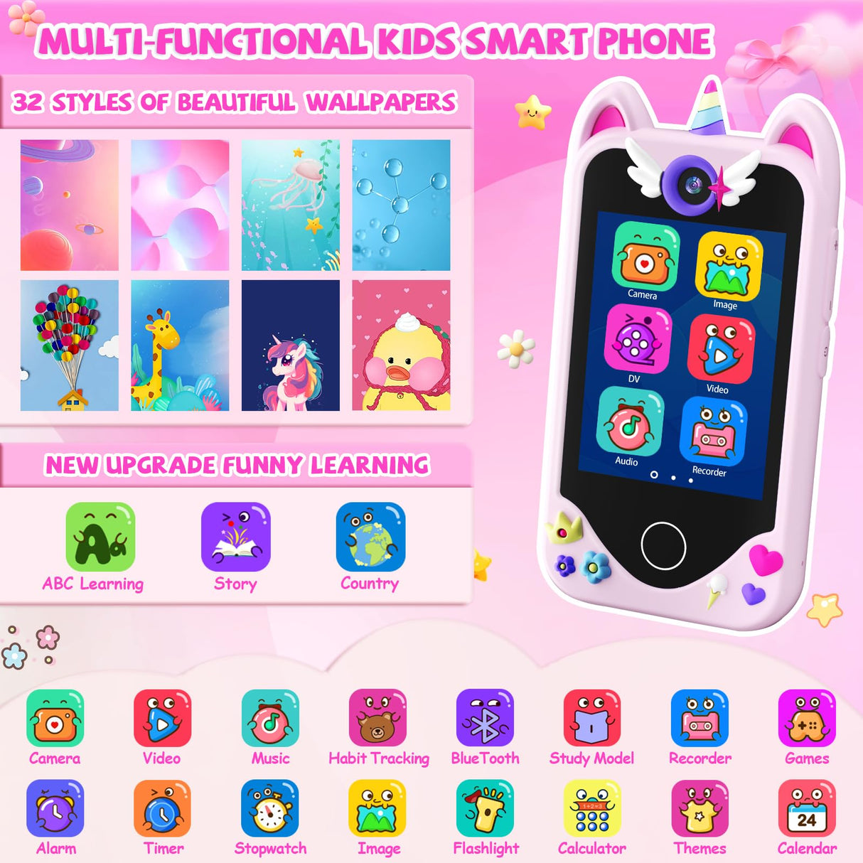 Kids Smart Phone for Girls Gifts - Toddler Christmas Birthday Gift for Age 3 4 5 6 Year Old, Kids Cell Phone Toy with Touchscreen, Dual Cameras, Learning, Kid Mp3 Player, Games with 32 GB Card