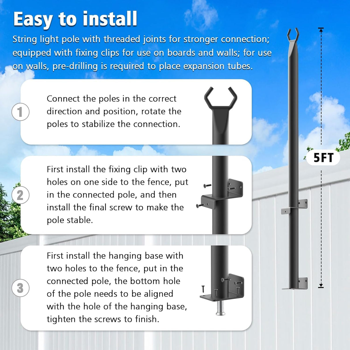 2 Pack String Light Poles,5Ft Metal Poles for Outdoor String Lights,Outdoor Light Poles with Post,Poles/Stand for Outside,Patio,Deck,Backyard,Garden Wedding,Party