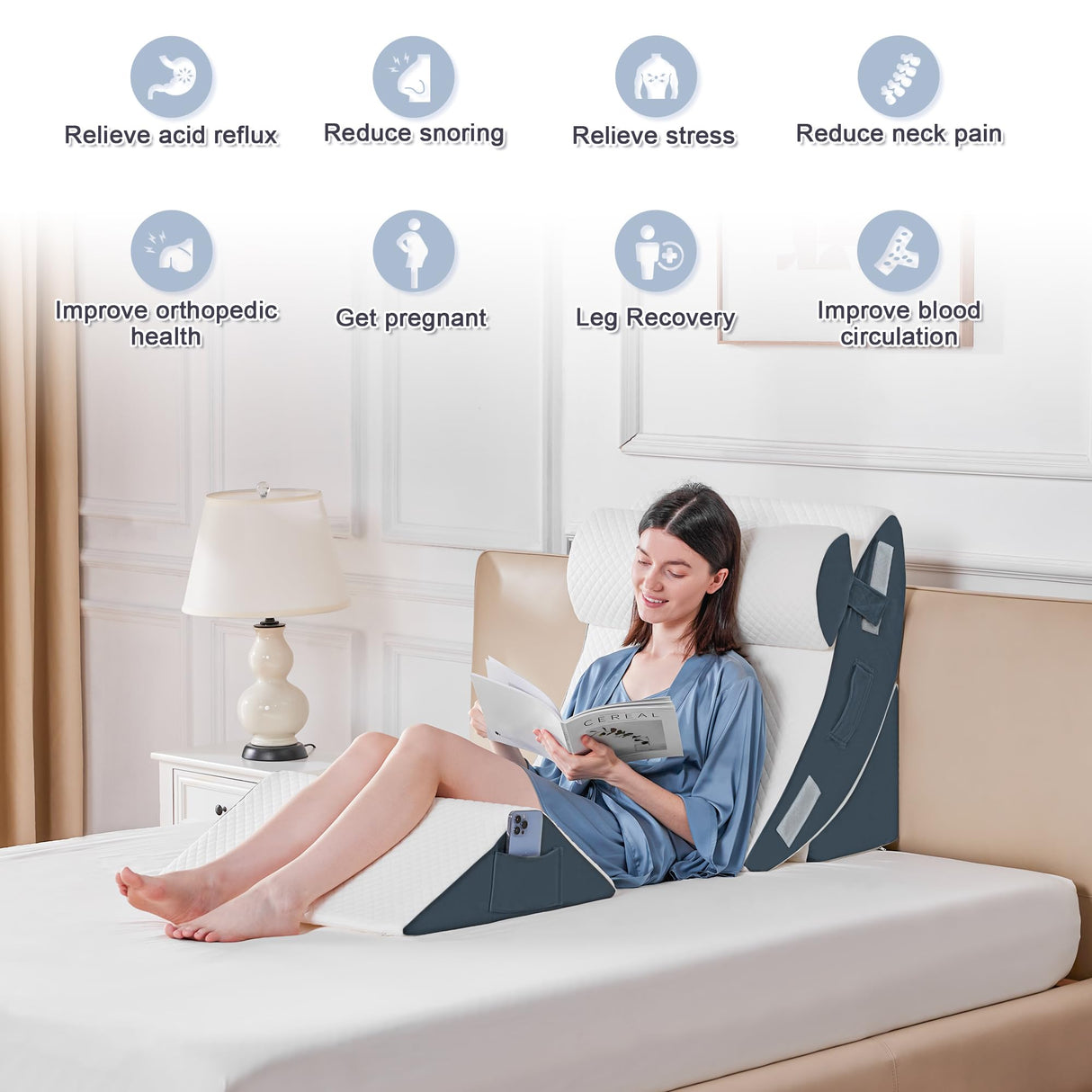 Yojoker 4PCS Orthopedic Bed Wedge Pillow Set for Sleeping, Post Surgery Foam Pillow for Body, Back and Leg Pain Relief, Triangle Adjustable Support Pillow - Acid Reflux Sleeping Pillows Navy