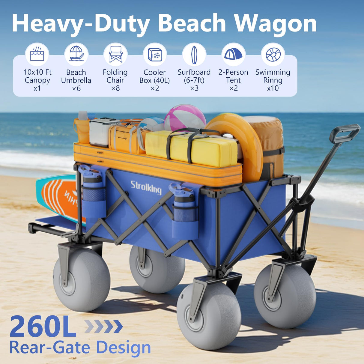 Strolking 51" Beach Wagon with 10" Inflatable PU Balloon Wheels, 440LBS Heavy Duty Beach Cart with Rear Tailgate, Air-Adjustable Foldable Wagon for Sand, Blue (Pump Included)