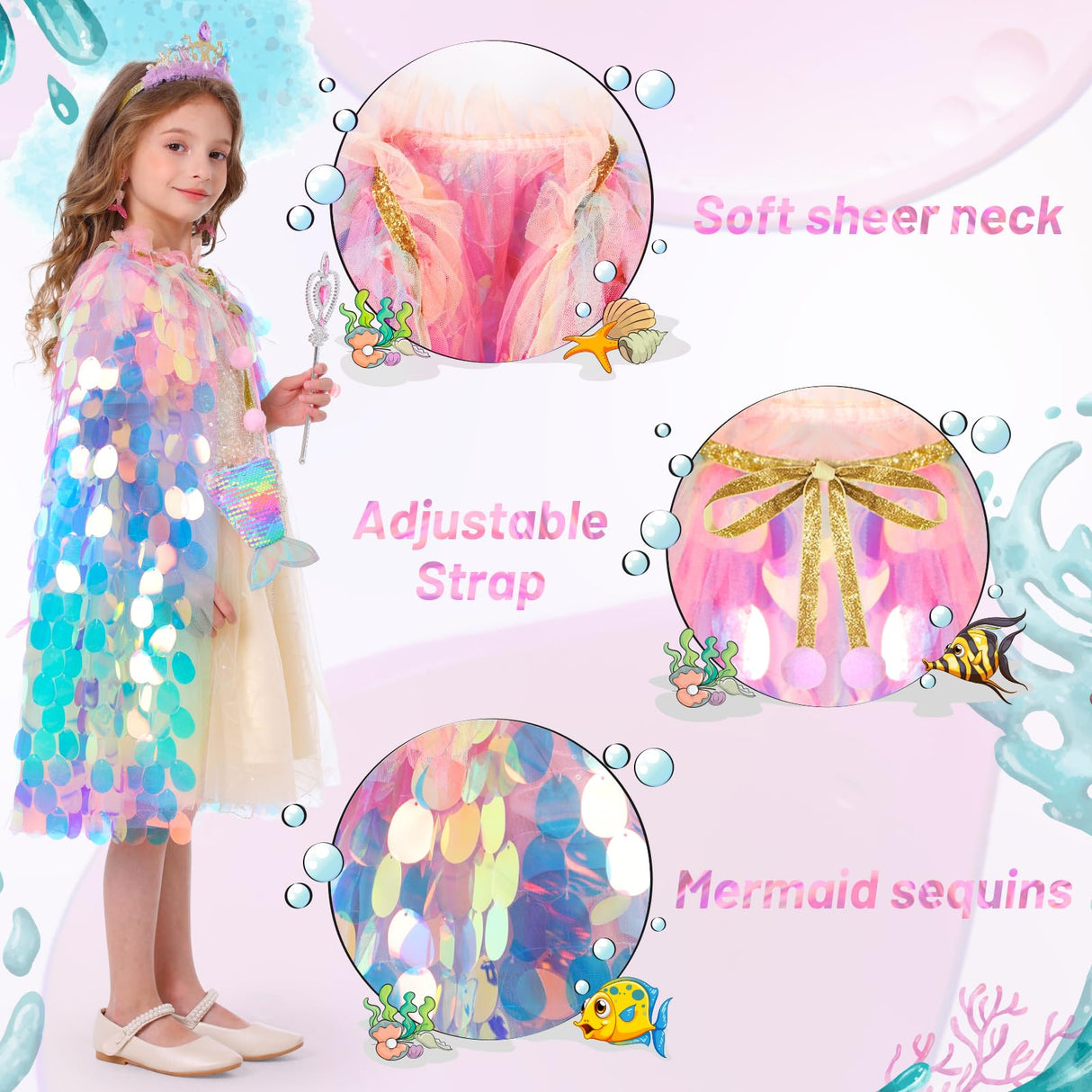 Princess Dress Up Toys Princess Dress Up Clothes Rainbow Mermaid Cape Kit 9 Pcs Gift Set for Little Girls 3-8 Years Old, Great Gift Set for Birthday Christmas Halloween (Rainbow Multi-Color)