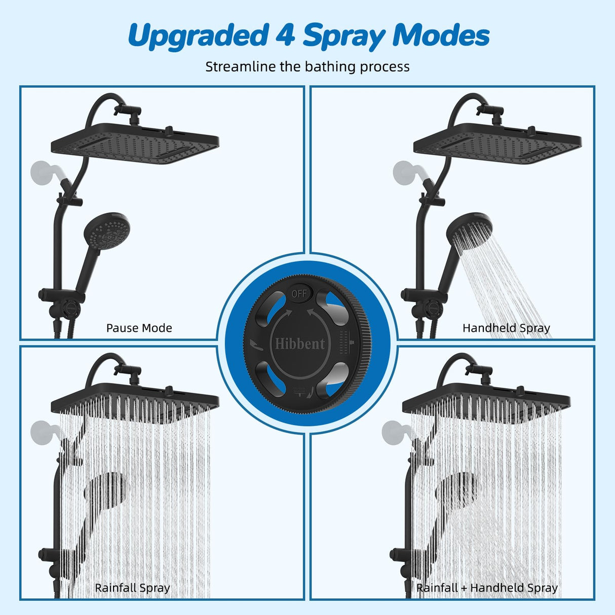 Hibbent cUPC Certified 13'' Shower Head Combo, High Pressure 5 Spray Rainfall Showerhead, 10 Spray Mode Handheld, All Metal Easy Reach 4-way Diverter Arm with Pause Mode, 71'' Hose and Holder, Black