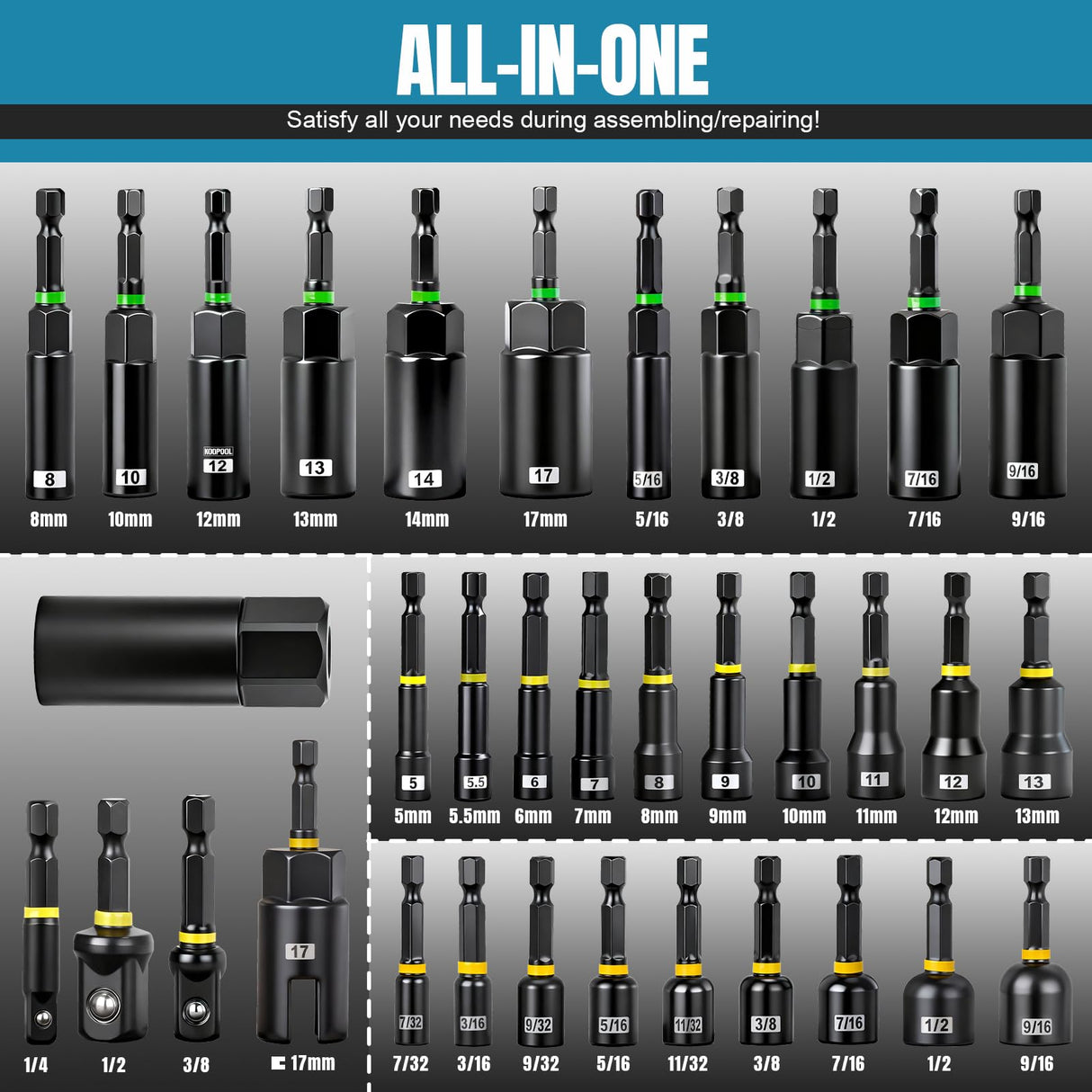 80 PCS Magnetic Impact Nut Driver Set - Metric & SAE with Socket Adapters, Wing Nut Driver, Bit Holder, Universal Sockets, Quick Release Extension, Power Bits, 1/4'' Quick Change, Storage Box
