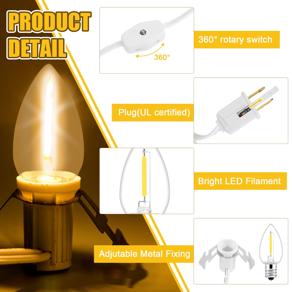 2Pack Accessory Cord with 12 LED Light Bulbs Christmas Village String Light 10.3FT White Cord with Spare Fuse Warm White C7 Lamp for Halloween Pumpkins Christmas Village Houses and Craft Decoration