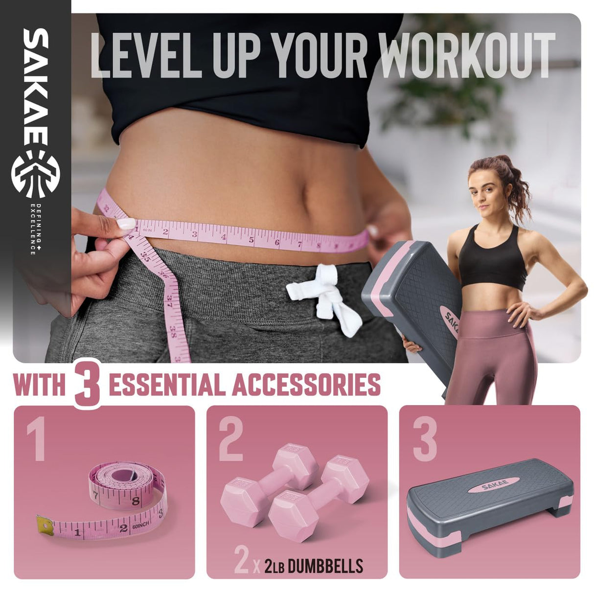 Aerobic Stepper Set with Dumbbells & Measuring Tape, Adjustable Height 2 Level Risers Workout Exercise Step Platform, Pink Grey, the Ultimate Gift for a Joyful Holiday and Merry Christmas