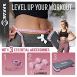 Aerobic Stepper Set with Dumbbells & Measuring Tape, Adjustable Height 2 Level Risers Workout Exercise Step Platform, Pink Grey, the Ultimate Gift for a Joyful Holiday and Merry Christmas