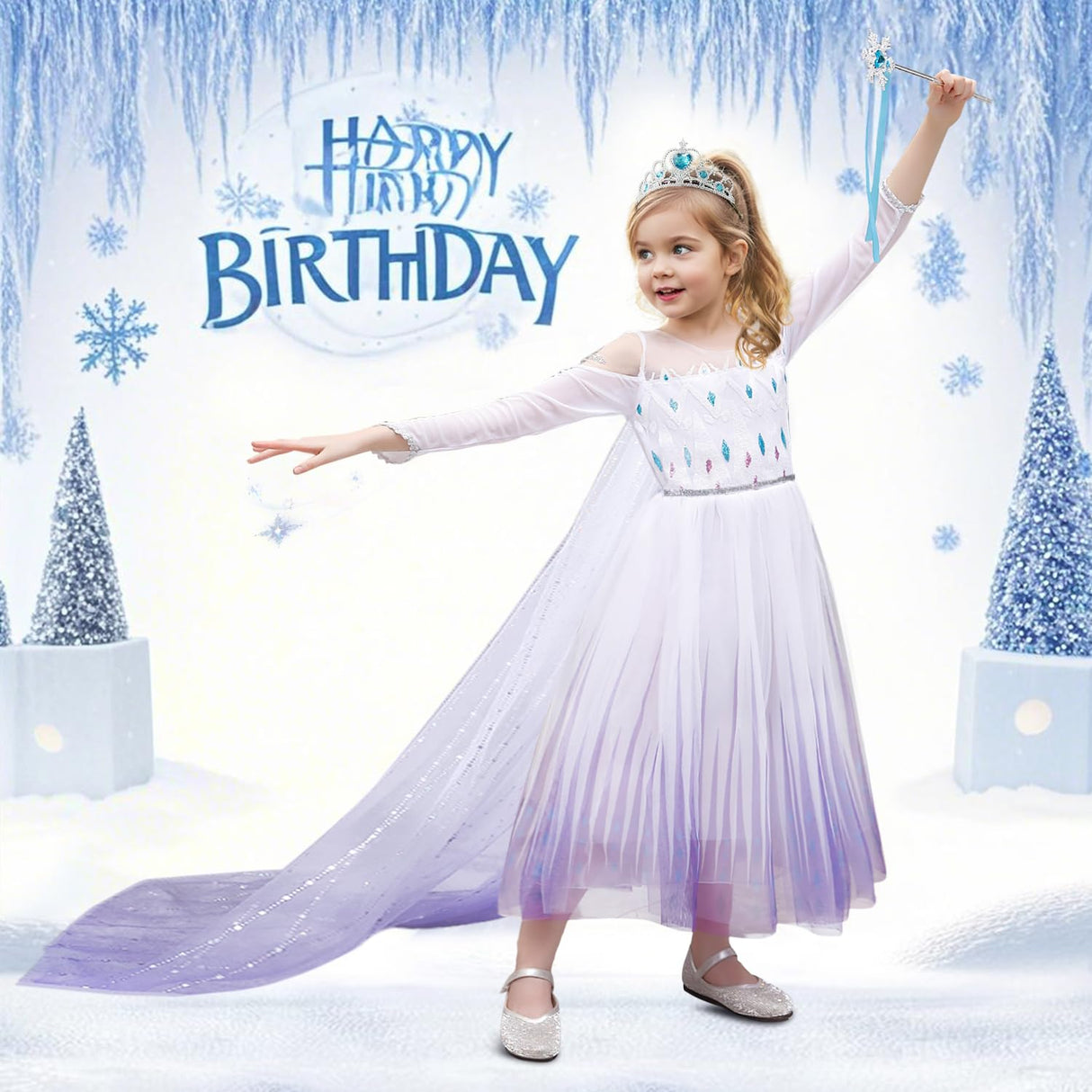 Axwcon Girls Princess Elsa Dress Costume with Waist Sequins, Detachable Cape, Halloween Christmas Kid Snow Queen Dress Up
