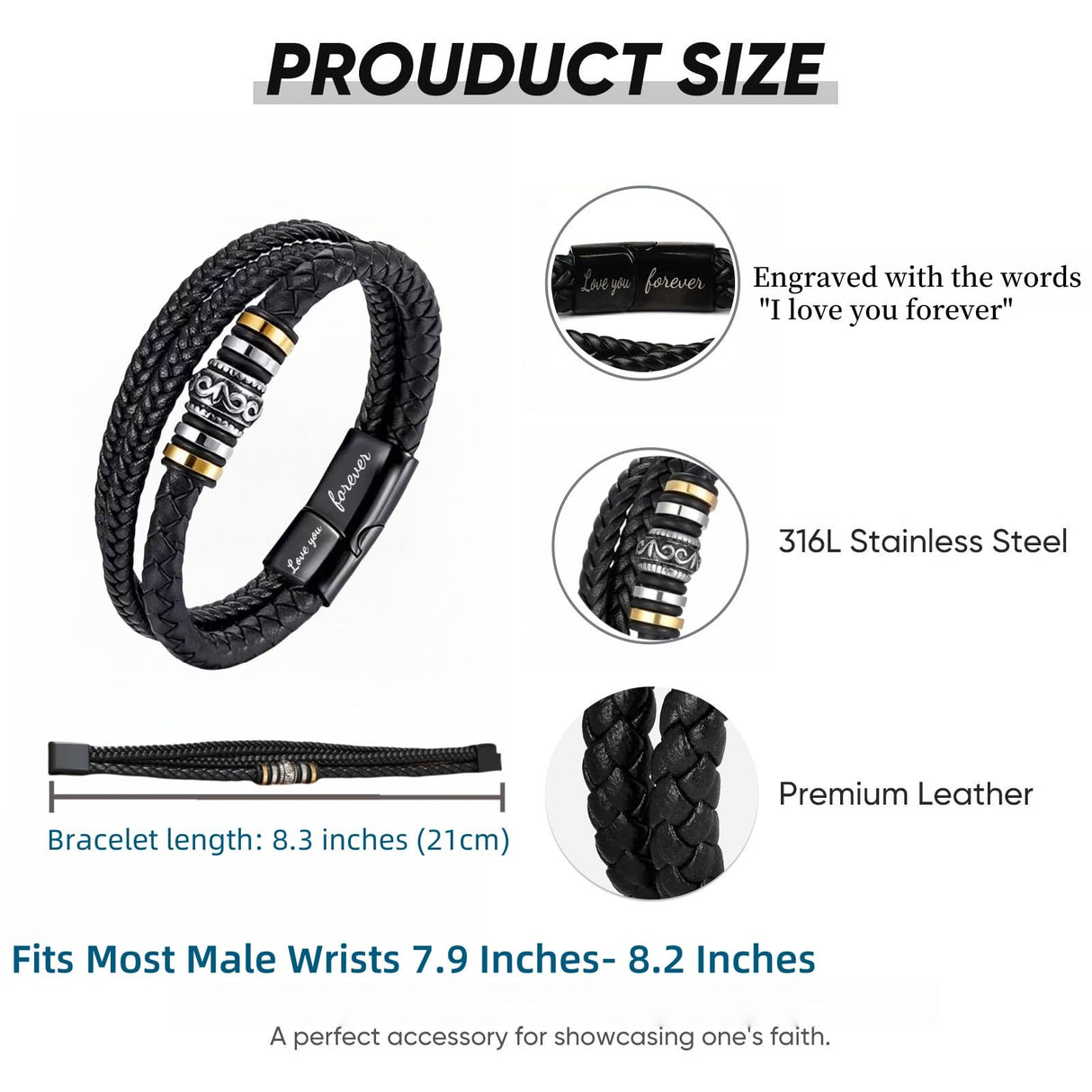 Men's Black Braided Leather Bracelet, Engraved "Love You Forever" 8.3in