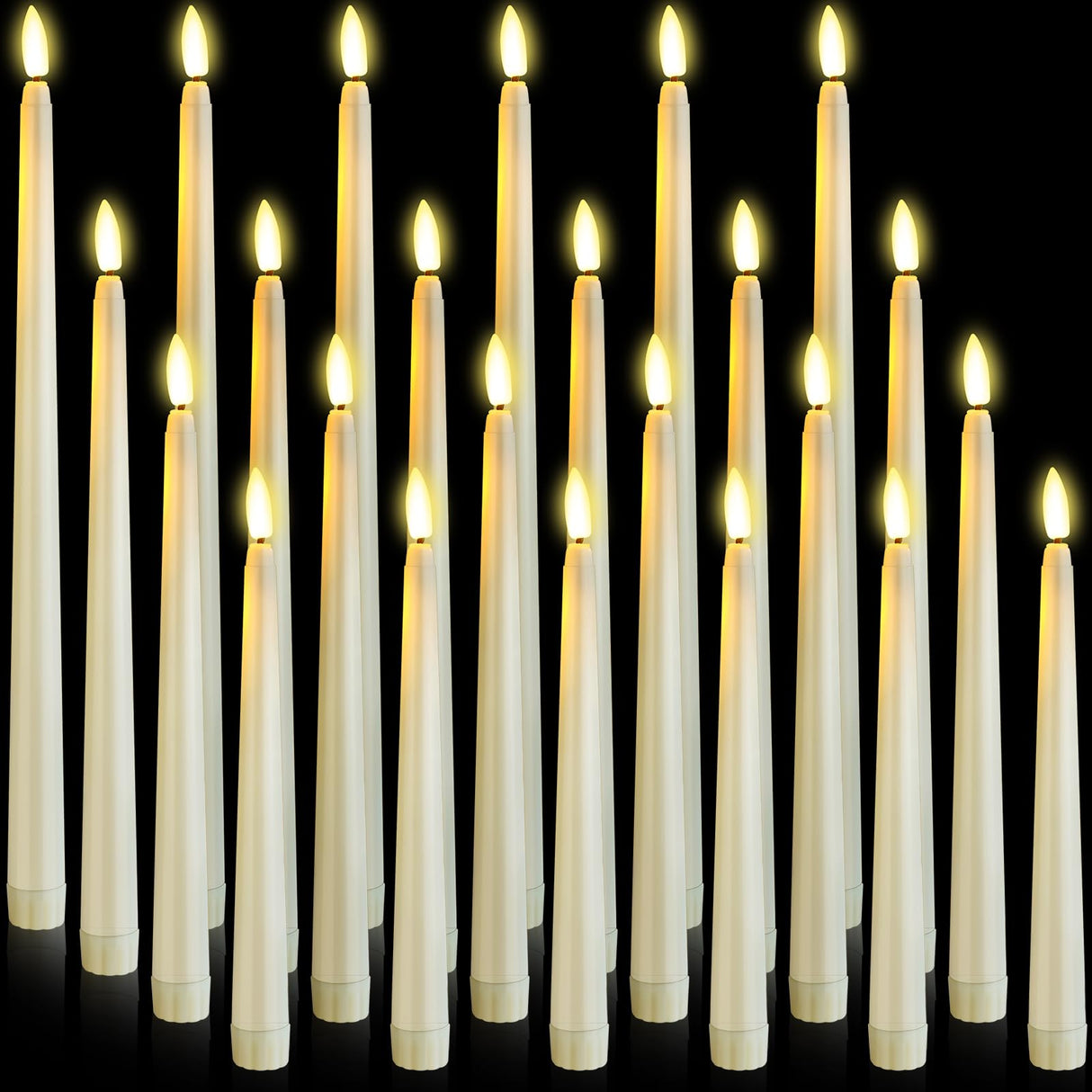 Rossesay 24 Pcs Flameless LED Taper Candles Battery Operated Candles 8.58'', 9.69'', 10.98'', 12.91'', 12.8'' Flameless Candlesticks Flickering for Halloween Christmas Church Wedding(Ivory)