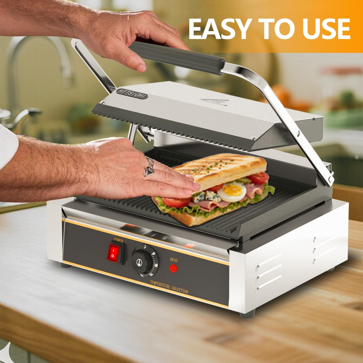 HTTSICHI Commercial Panini Press - 2200W Commercial Electric Panini Sandwich Grill w/Nonstick Coating & Adjustable Temp, Panini Grill Press w/ 9"x9" Cooking Pan, Double-sided Heating