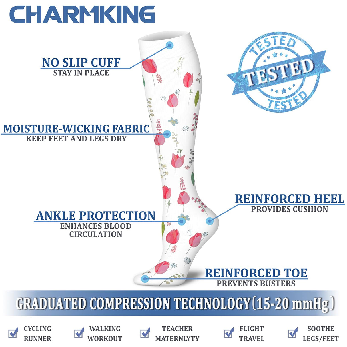 CHARMKING Compression Socks for Women & Men (8 Pairs) 15-20 mmHg Graduated Copper Support Socks are Best for Pregnant, Nurses - Boost Performance, Circulation, Knee High & Wide Calf (S/M, Multi 58)