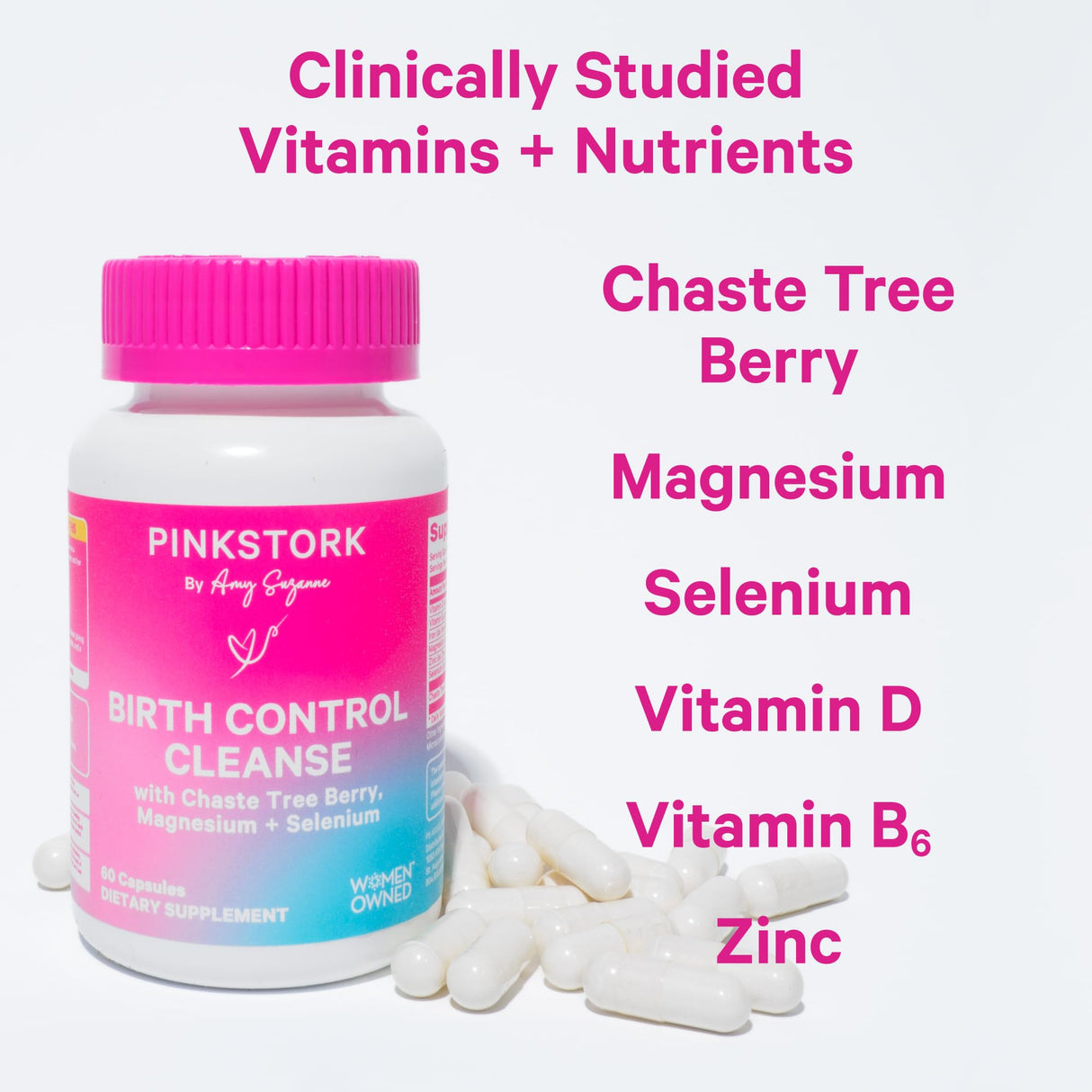Pink Stork Birth Control Cleanse to Support Hormone Balance, with Chaste Tree Berry (Vitex), Magnesium, and Selenium, Period Support for Conception, Fertility Supplements for Women - 60 Capsules