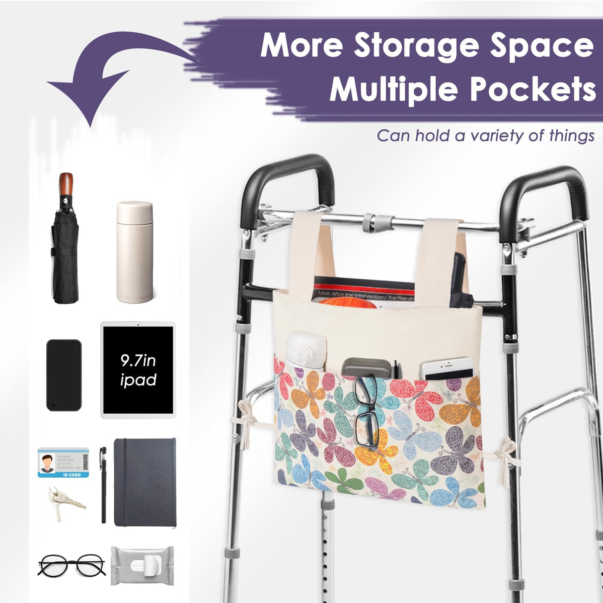 TOGETRUE Walker Bag, Handy Walker Basket with Water Cup Holder, Walker Accessories Storage Bag for Folding Walker, Wheelchairs, Strollers, 15"x11.5" (Butterfly)