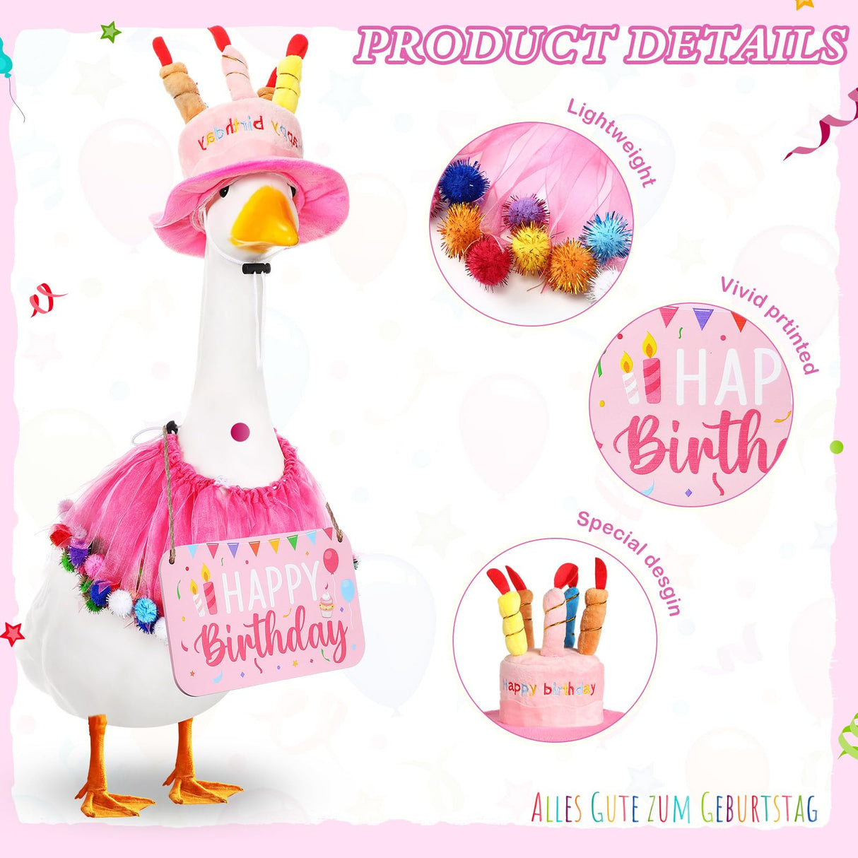 Memorywuu Happy Birthday Porch Goose Outfit Lawn Goose Cloth Costume for 23" Cement Plastic Patio Yard Statue Outdoor(Pink,Tutu Skirt)