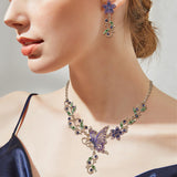 EleQueen Women's Butterfly Flower Leaf Purple Necklace Earrings Set