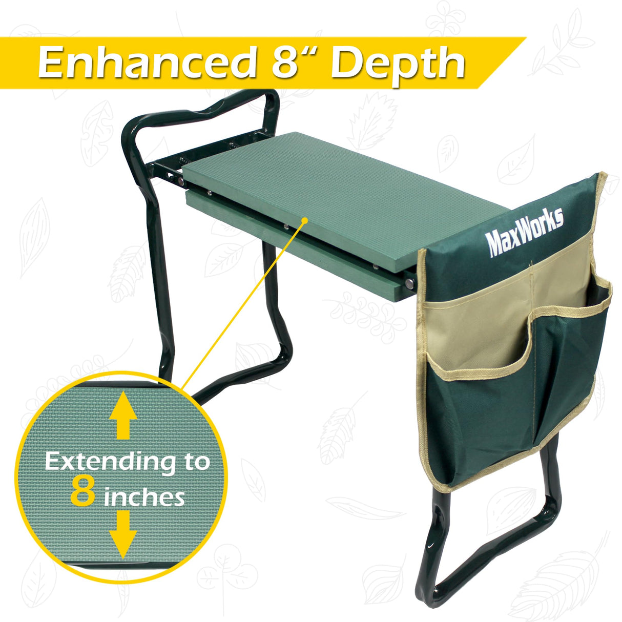 MaxWorks 50921 Folding Garden Kneeler Stool with 8 inch Wide Kneeling Pad, with 1 Tools Pouch for Planting and Gardening