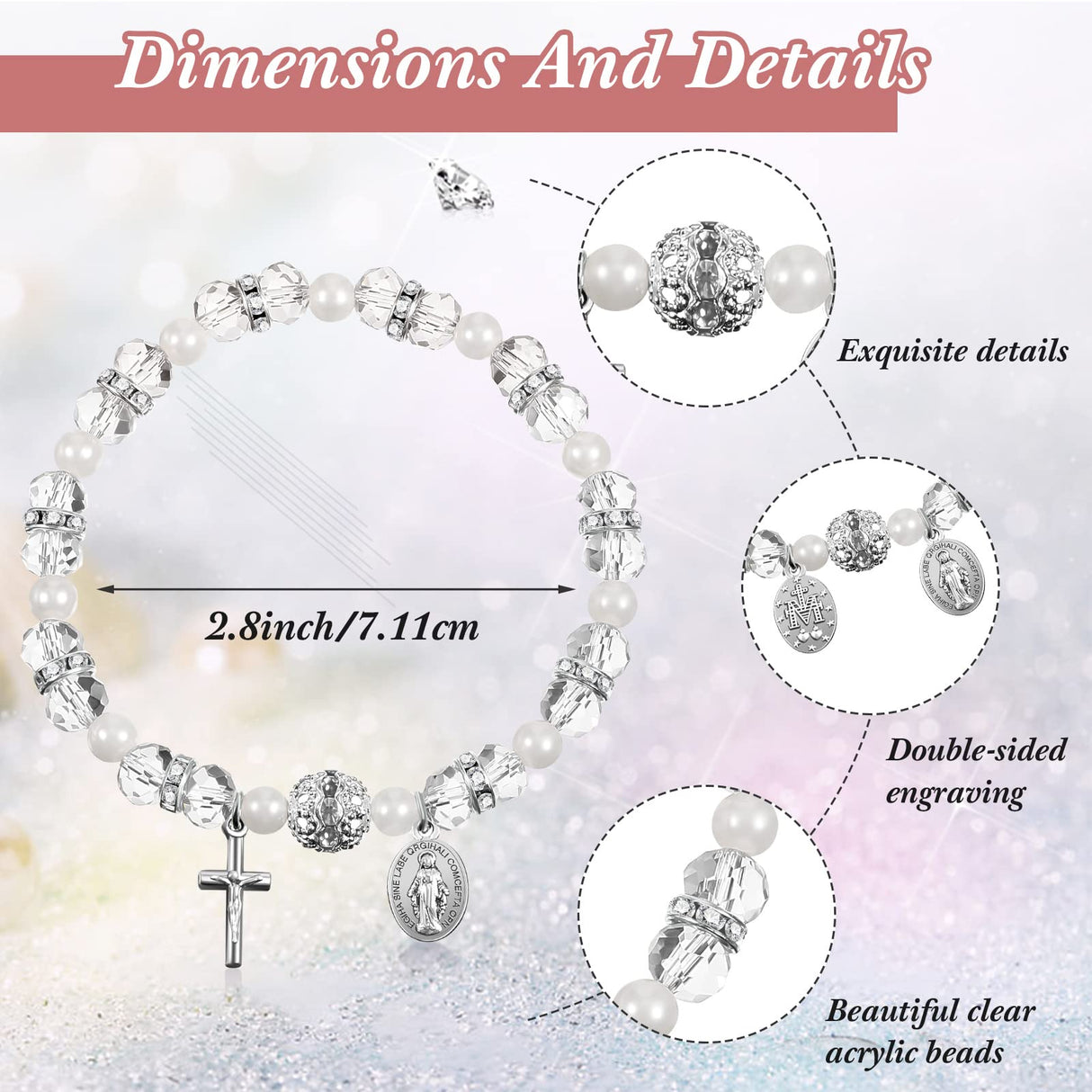 Taiyin 12 Pcs Rosary Bracelet Bulk with Mesh Bags, White Religious Rosary Bead Bracelet Catholic Bracelets, Baptism First Communion Gifts for Women (Silver)