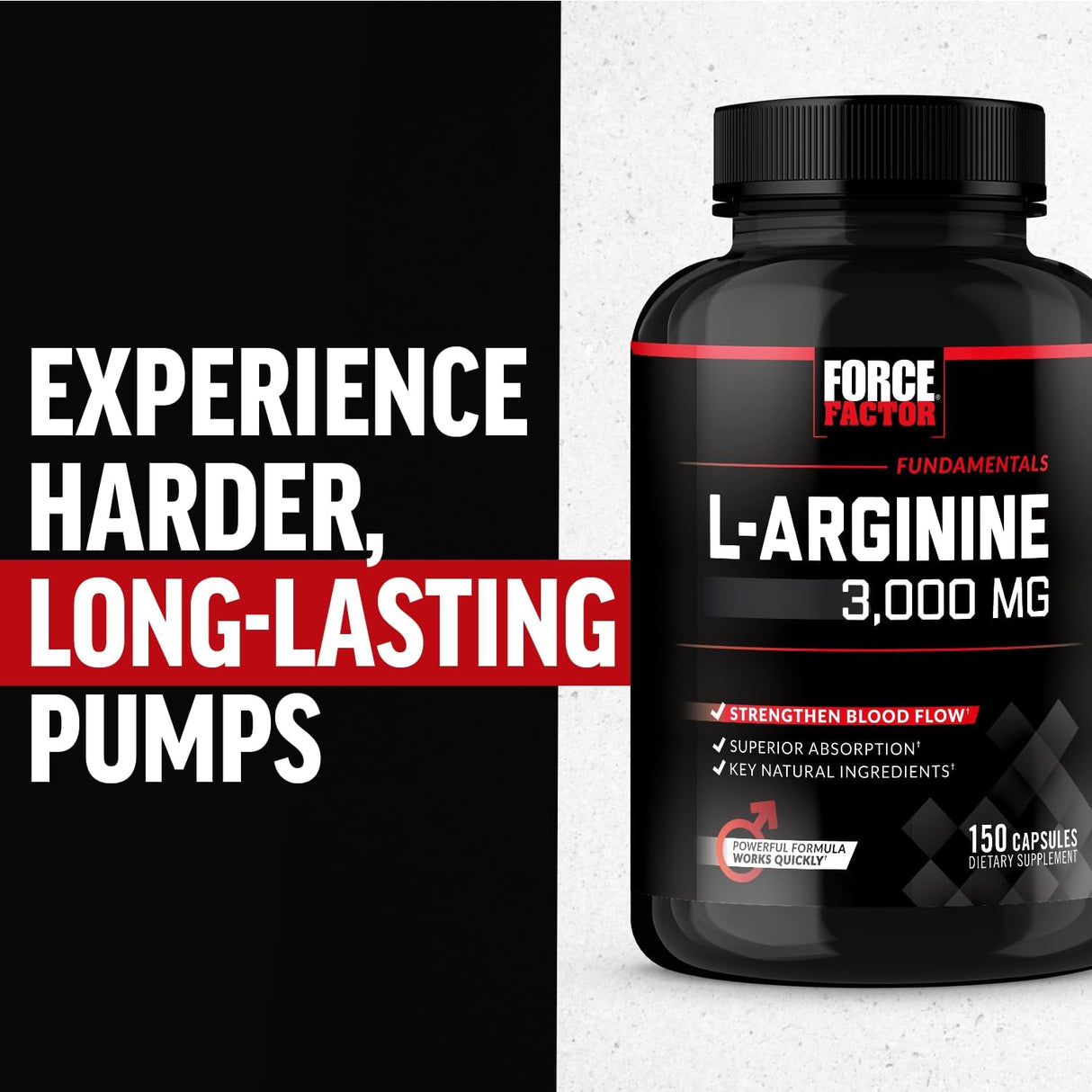Force Factor L-Arginine Nitric Oxide Supplement with BioPerine to Help Build Muscle and Support Stronger Blood Flow, Circulation, Nutrient Delivery, and Pumps, L-Arginine 3000mg, 3g, 150 Capsules