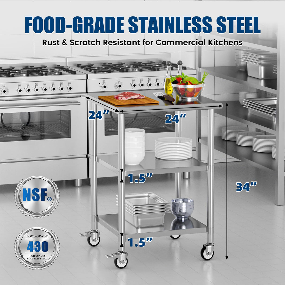 Chingoo Stainless Steel Work Table with Wheels, 24x24 Inch NSF Kitchen Prep Table with 2 Adjustable Undershelves for Commercial Restaurant, Garage, Outdoor BBQ
