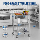 Chingoo Stainless Steel Work Table with Wheels, 24x24 Inch NSF Kitchen Prep Table with 2 Adjustable Undershelves for Commercial Restaurant, Garage, Outdoor BBQ