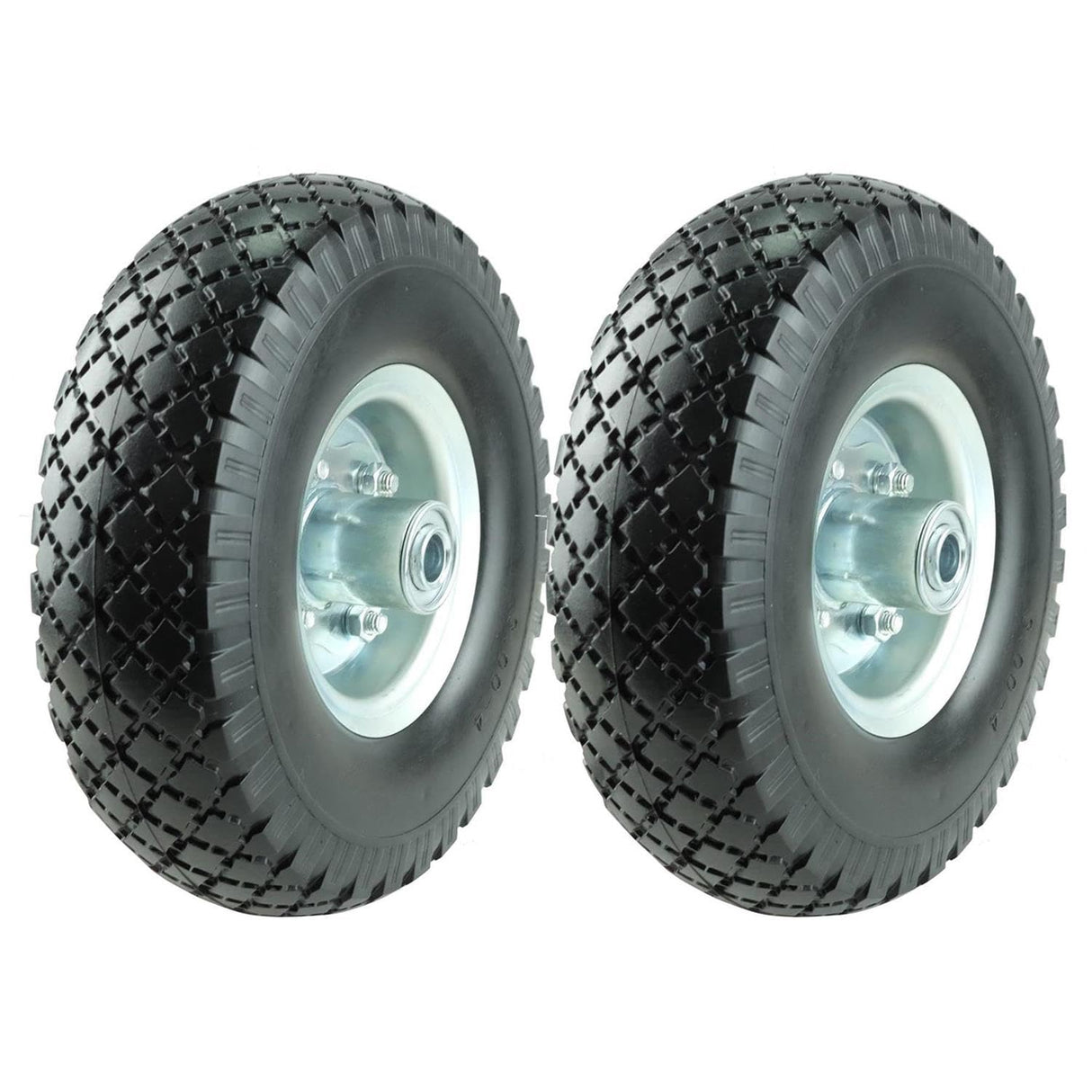 KASTFORCE KF4003 Twin Pack 10-Inch Solid Rubber Tire Wheels Replacement 3.00-4 Tires Wheels Flat Free with 5/8" Bearings 2.15" Offset Hub Perfect for Hand Truck Wheelbarrow Garden Cart Non-Flat