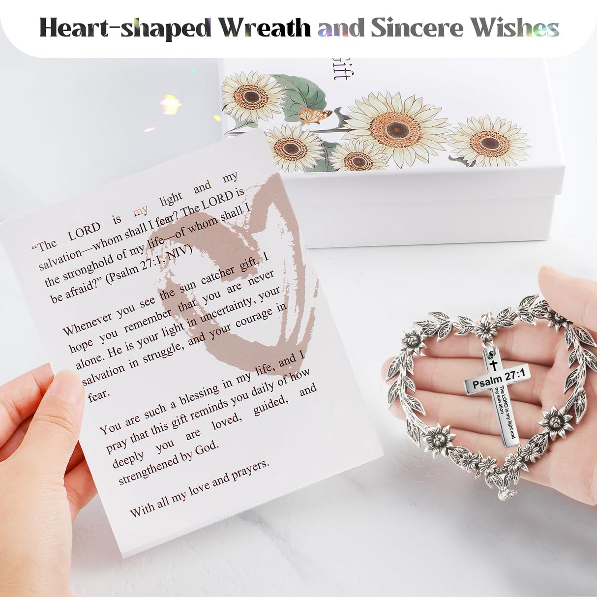 Elivida Christian Gifts for Women, Heart-Shaped Suncatcher with Cross - Religious Birthday Ornament with Scripture The Lord is My Light and My Salvation - Inspirational Catholic Spiritual Gifts