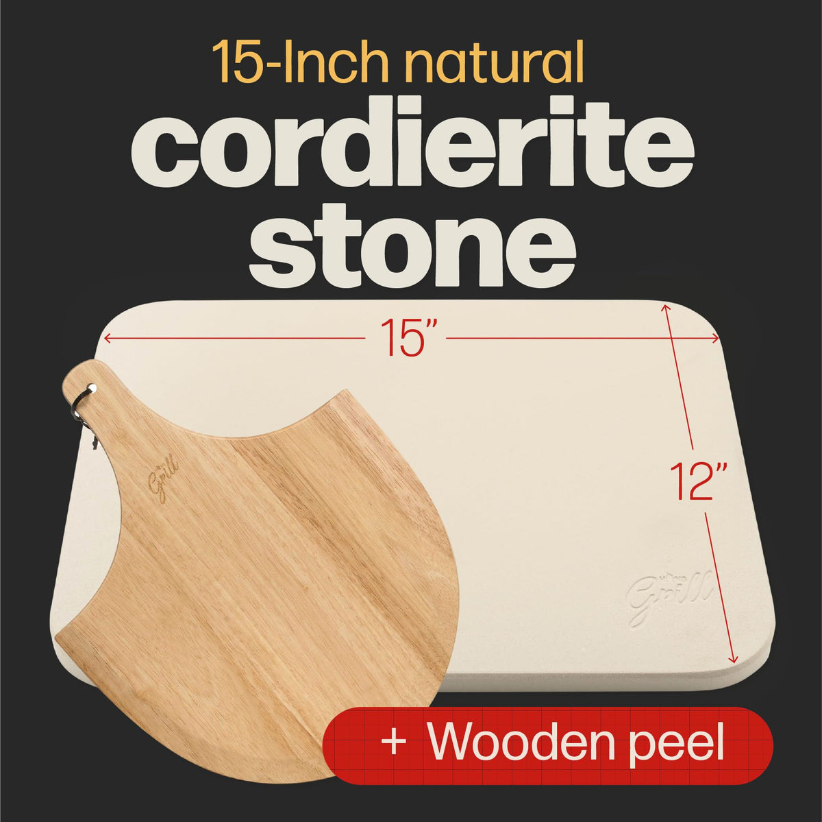 Hans Grill Rectangular Pizza Stone with Peel, 15 x 12 Inch Cordierite Stone