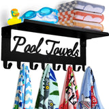 Topspeeder Pool Towel Racks with Shelf 8 Hooks for Pool Bathroom Wall Mount Towel Hooks Towel Holder Carbon Steel Hanger Organizer Pool Accessories Outdoor for Robe,Towel,Coat,Swimsuit,Bag,Keys