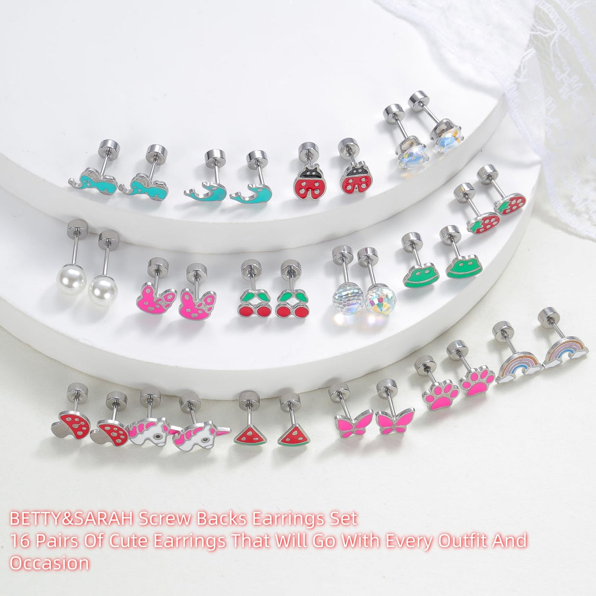 16 Pairs Hypoallergenic Screw Back Earrings for Women Girls 316L Stainless Steel Unicorn Butterfly Strawberry Cherry Flat Back Stud Earrings Jewelry Gift