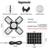Aqonsie Solar Shed Light Outdoor Indoor, 176LED Solar Powered Motion Sensor Pendant Light Daytime Available, Solar Indoor Lights with 5 Lighting Modes & Remote for Shed Gazebo Barn Garage, 2 Pack
