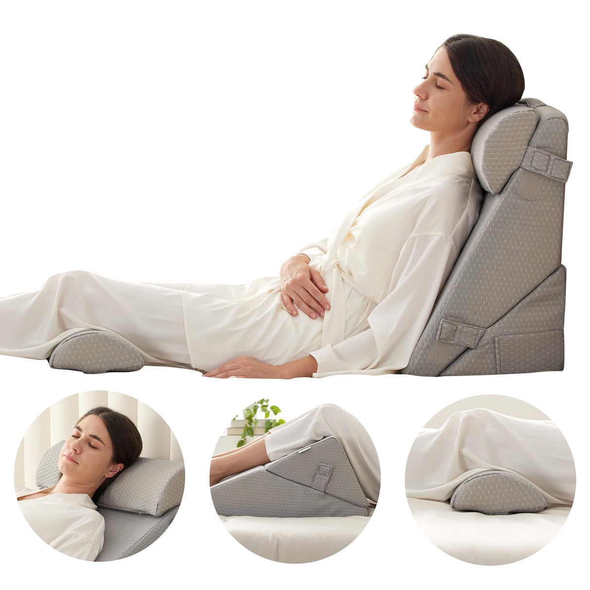 Bedluxe Adjustable 4pcs Bed Wedge Pillow Set, Memory Foam Wedge Pillows Post Surgery for Back, Neck, Leg Pain Relief, Pillow Wedge for Sleeping, Sitting up in Bed, Acid Reflux and GERD, Grey