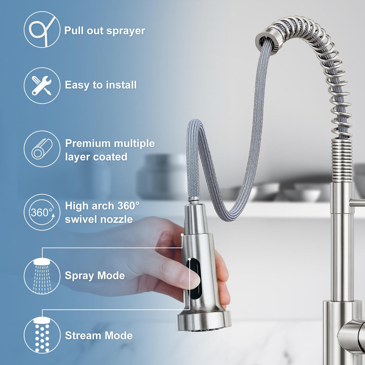 DJS Kitchen Faucets with Pull Down Sprayer Brushed Nickel -Single Handle 1 or 3 Holes Spring Kitchen Sink Faucet with Deck Plate for Farmhouse RV Vessel Basin