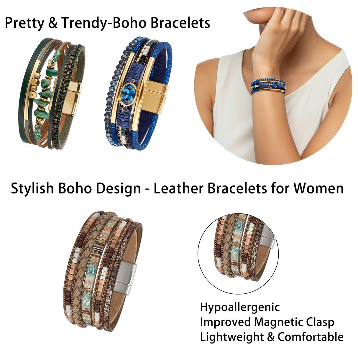 LOWNOUR Boho Bracelets for Women 3pcs Leather Bracelet for Women Western Jewlery Leopard Multi-Layer Crystal Beads Stone Leather Cuff Wrap Bracelets (Boho-3pcs)