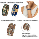 LOWNOUR Boho Bracelets for Women 3pcs Leather Bracelet for Women Western Jewlery Leopard Multi-Layer Crystal Beads Stone Leather Cuff Wrap Bracelets (Boho-3pcs)