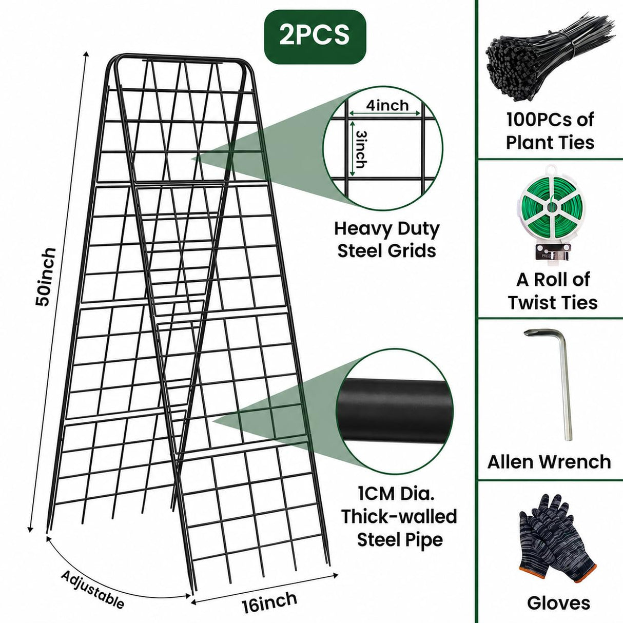 A-Frame Cucumber Trellis for Raised Bed, 50"x 16" Adjustable Heavy Duty Metal Garden Trellis for Climbing Plants Outdoor, Plant Support for Tomatoes Pea Bean Grape Vining Vegetables (2 Pack)