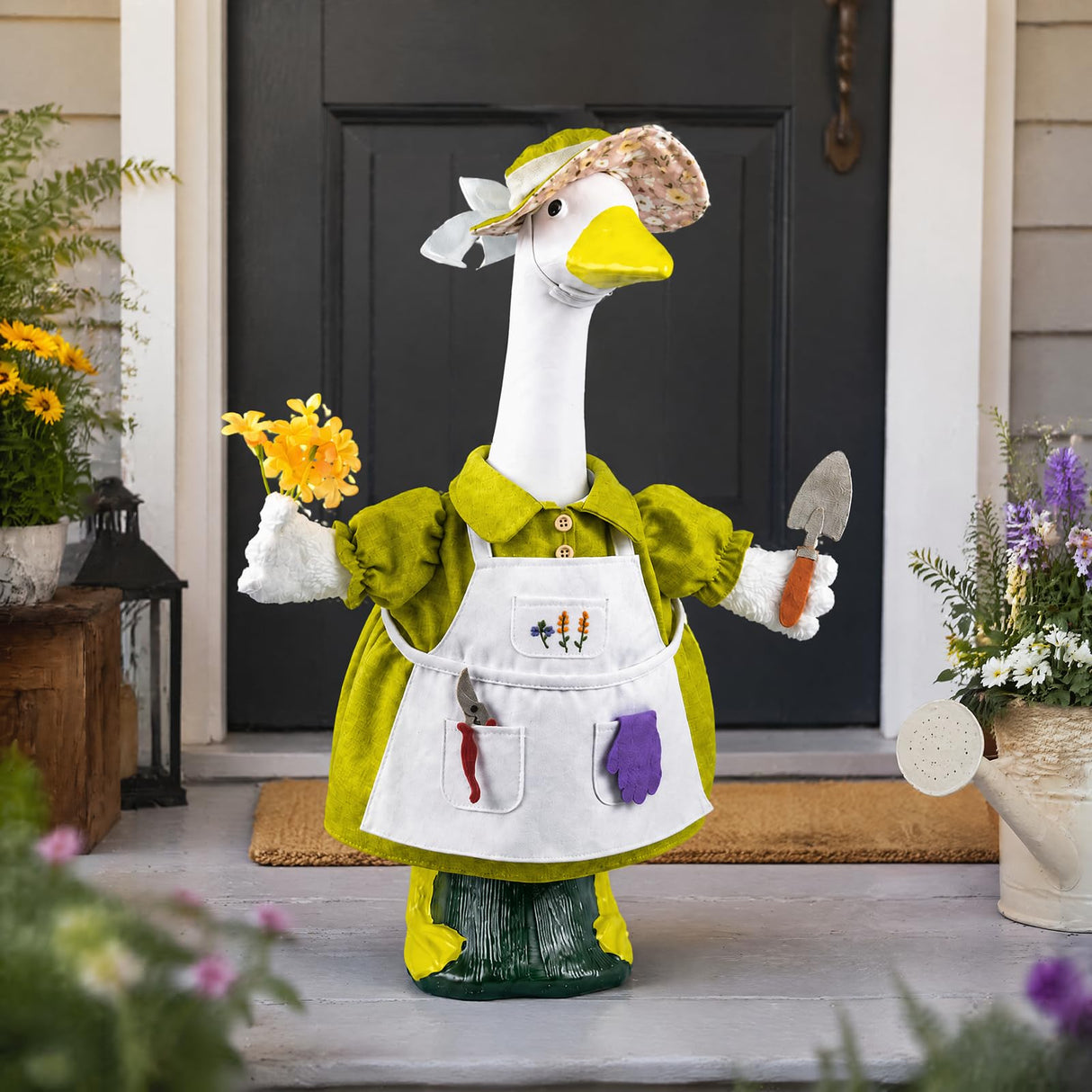 HALSHI Spring Gardener Porch Goose Outfit for 23 Inch Plastic Cement Goose Statue, Goose Outfit Clothes with Hat, Felt Tools & Flower for Outdoor Garden Yard Patio Art Decor