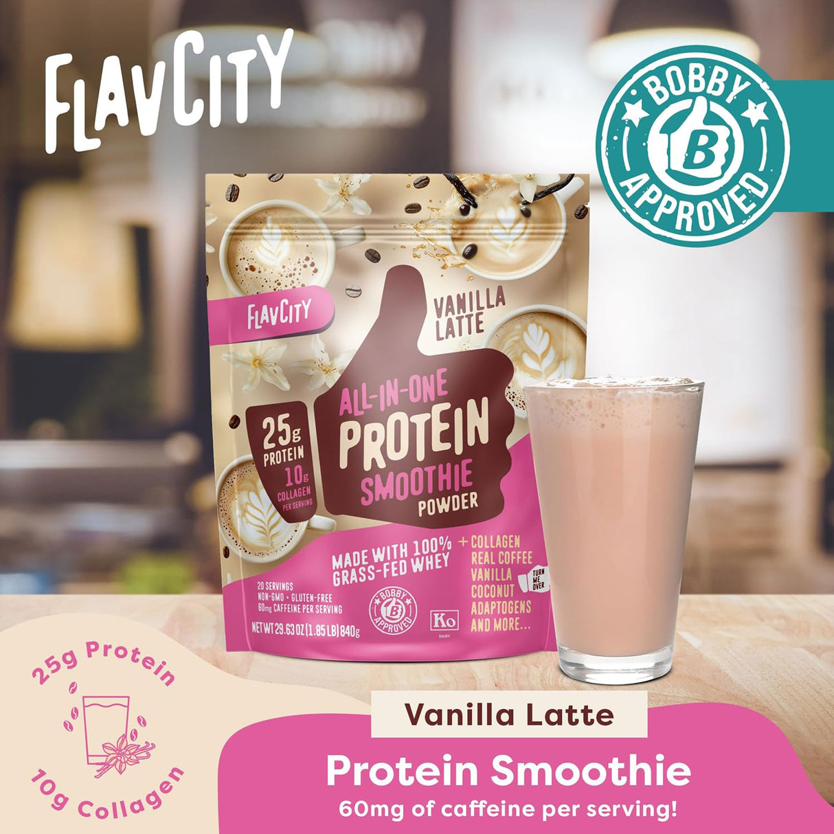 FlavCity Grass Fed Whey Protein Powder - Vanilla Latte - 25g Protein, 10g Collagen & 60mg of Caffeine - Made with Real Vanilla Bean & Organic Coconut - Gluten Free & No Added Sugars (20 Servings)