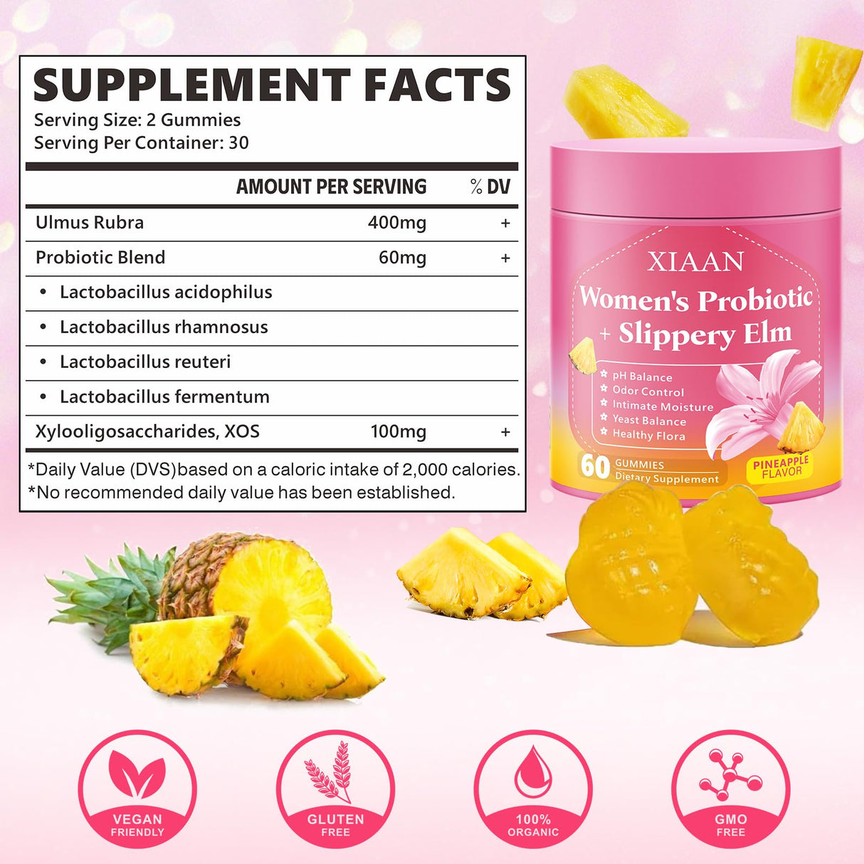XIAAN Women Probiotic Slippery Elm Gummies, Her Juicy Feminine Probiotics Supports pH Balance & Immune System, Vaginal Probiotic Gummies, Suagr-Free, Veagn, Pineapple Flavor, 60 Count