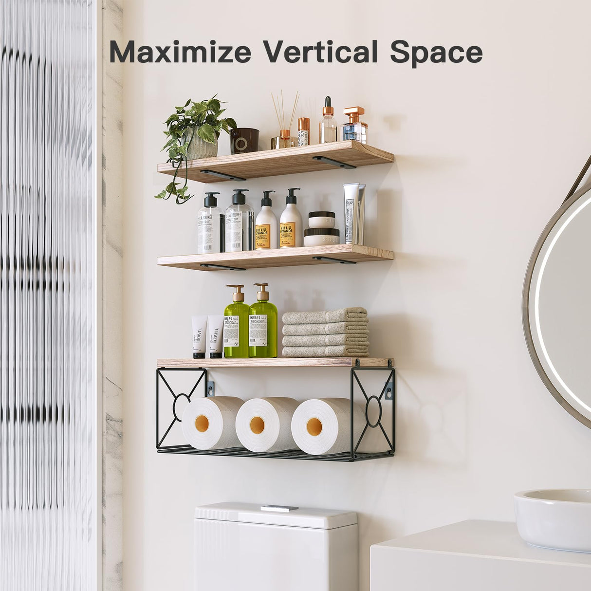 Amada Bathroom Shelves Over Toilet with Storage Basket, Floating Wall Shelf for Home Organization & Wall Decor, Bathroom/Kitchen/Living Room Shelves–Natural Wood