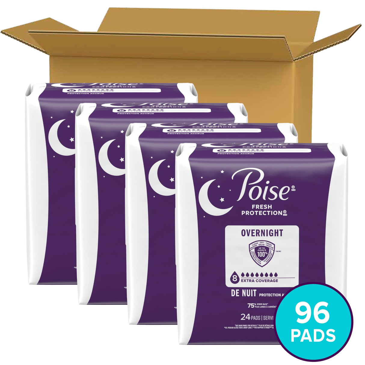 Poise Overnight Incontinence & Postpartum Pads for Bladder Leaks, 8 Drop Extra Coverage, 96 Count, Packaging May Vary