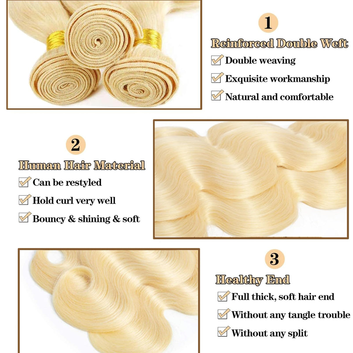 613 Bundles Human Hair 16 18 20 Inch Blonde Body Wave Bundles Human Hair 100% Unprocessed 12A Virgin Human Hair 3 Bundles 613 Body Wave Human Hair Weave Extensions