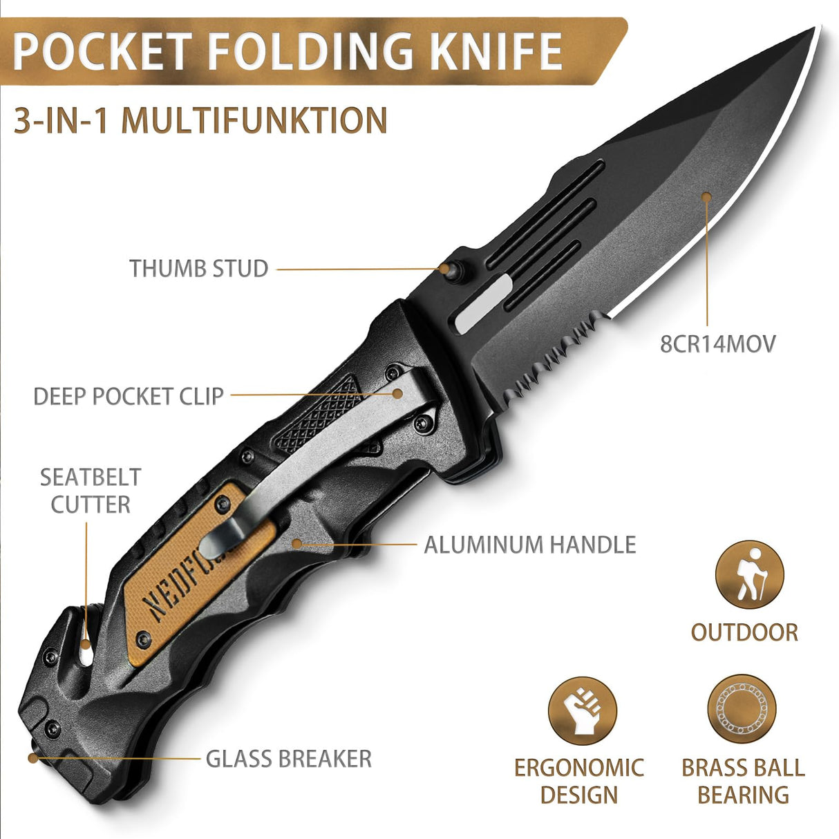 NedFoss Pocket Folding Knife Gift for Men DA75, 3 in 1 Pocket Knife for Men, 3.9” Serrated Blade, Survival Knife with Liner-Lock Belt Clip, Seat Belt Cutter, Glass Breaker, Tacical Gear, Hunting knife for Camping Hiking Outdoor