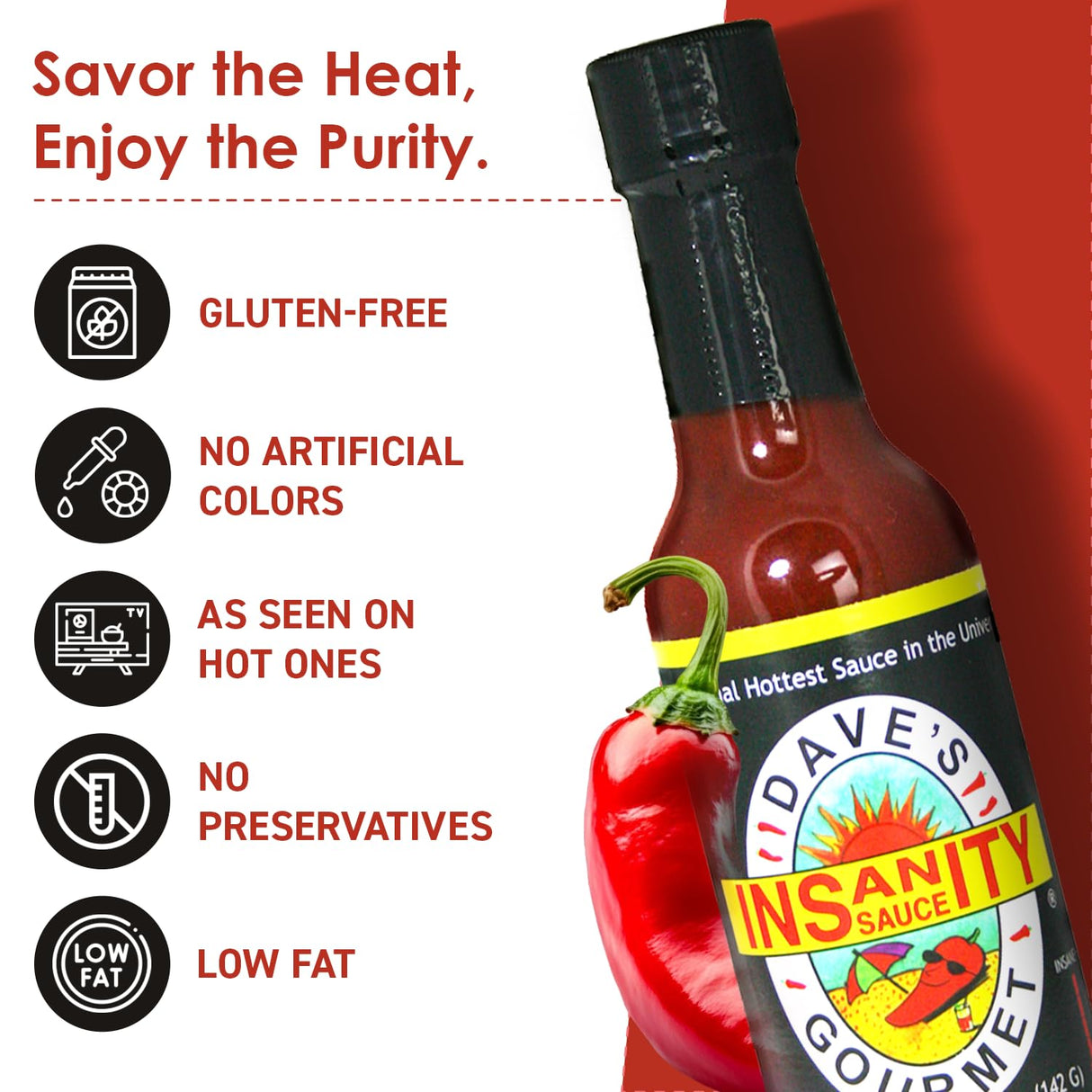 Dave's Gourmet Original Insanity Hot Sauce - As Seen on Hot Ones Season 1 - Sauce for Burgers, Burritos, Stews - Hot Sauce Challenge Favorite - Bold Flavor Red Sauce - 5oz (Pack of 1)